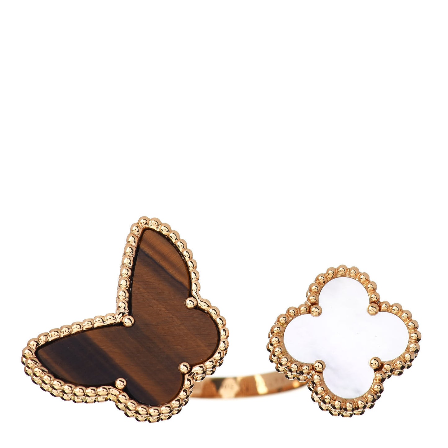 18K Yellow Gold Mother of Pearl Tiger Eye Lucky Alhambra Between the Finger Ring 50 5.25