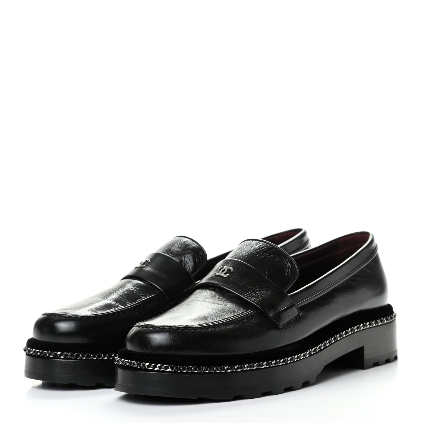 Crinkled Calfskin CC Chain Mocassin Loafers 39 Black