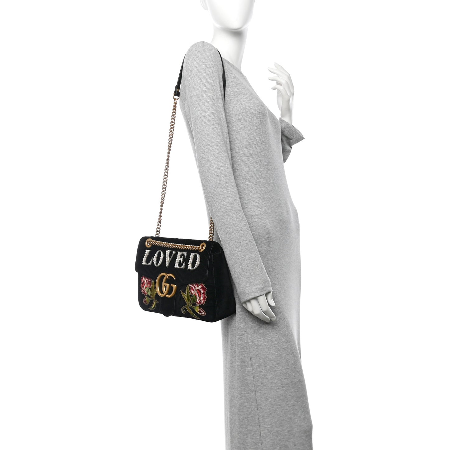 Velvet Matelasse Loved Embroidered Medium GG Marmont Shoulder Bag Black