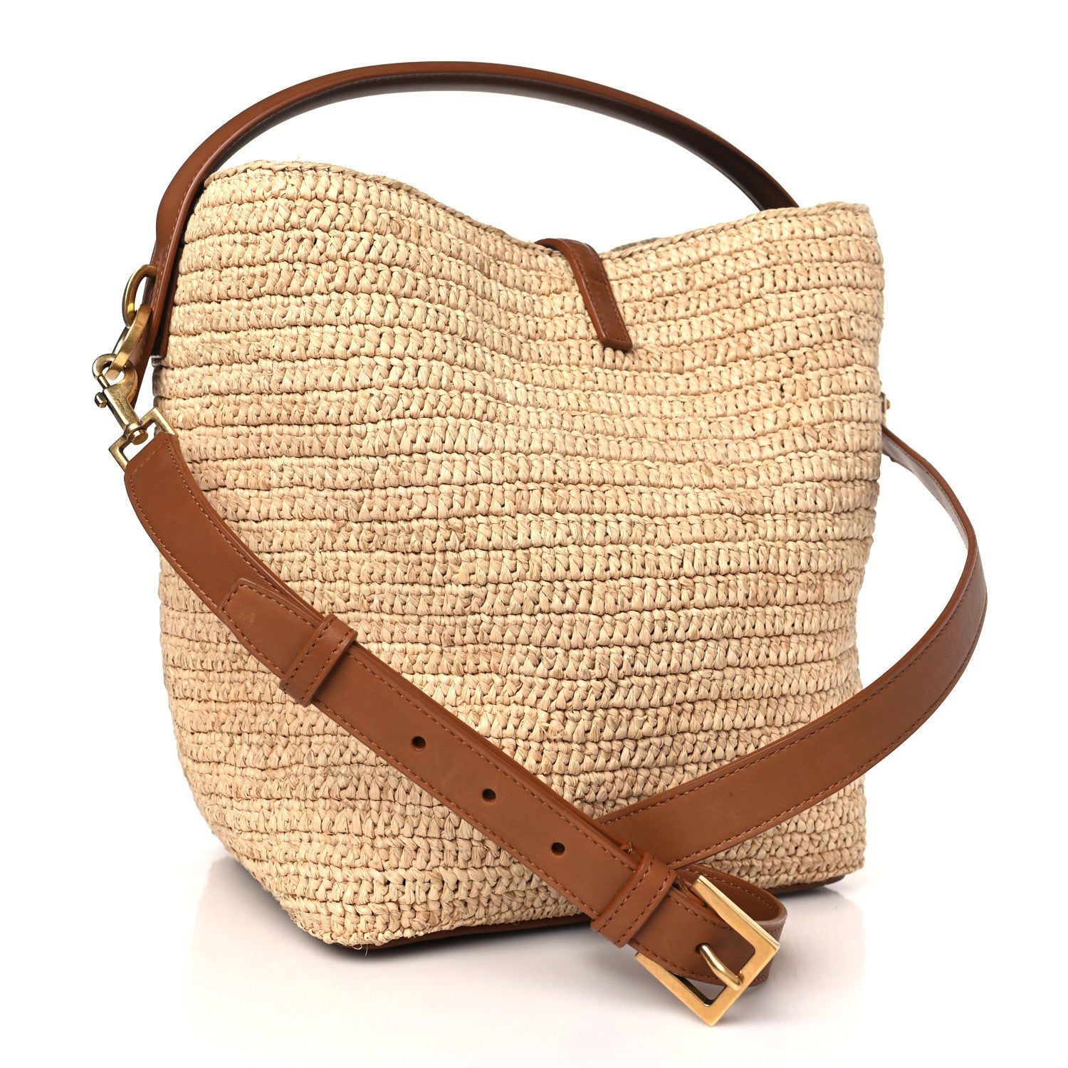 Saint Laurent Raffia Vegetable Tanned Calfskin Le 37 Bucket Bag Natural Brick 4 of 9