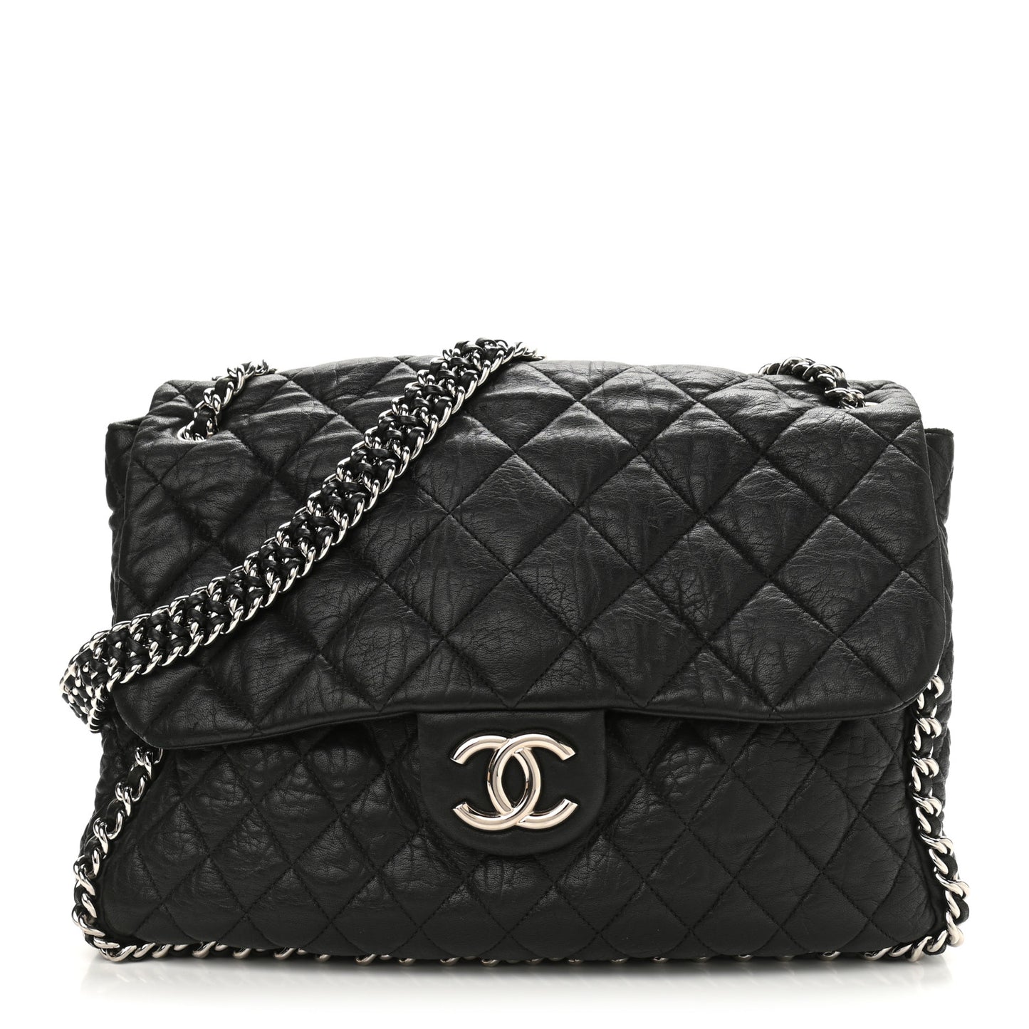 Washed Lambskin Quilted Maxi Chain Around Flap Black