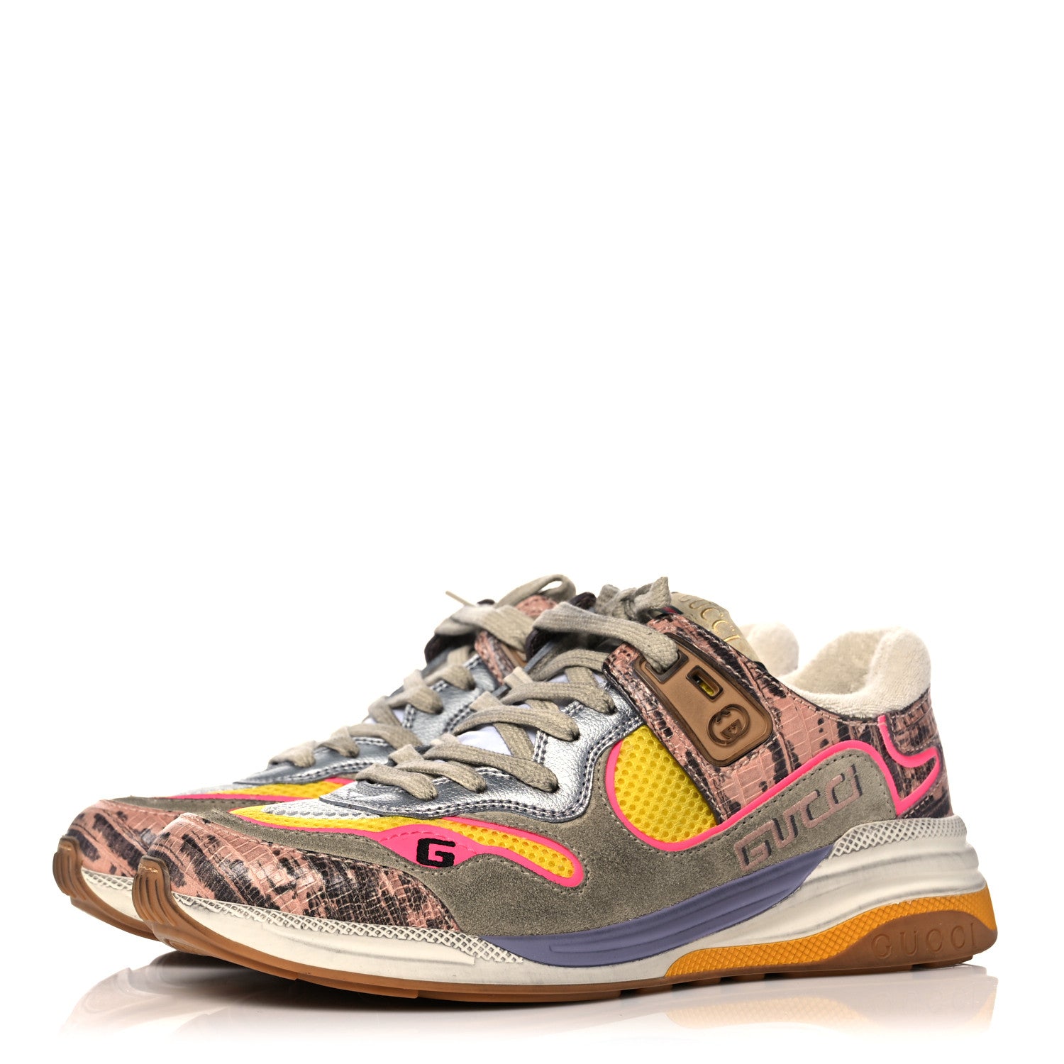 Gucci Suede Calfskin Tejus Printed Womens Ultrapace Sneakers 37 Pink Silver Oatmeal Yolk 3 of 15