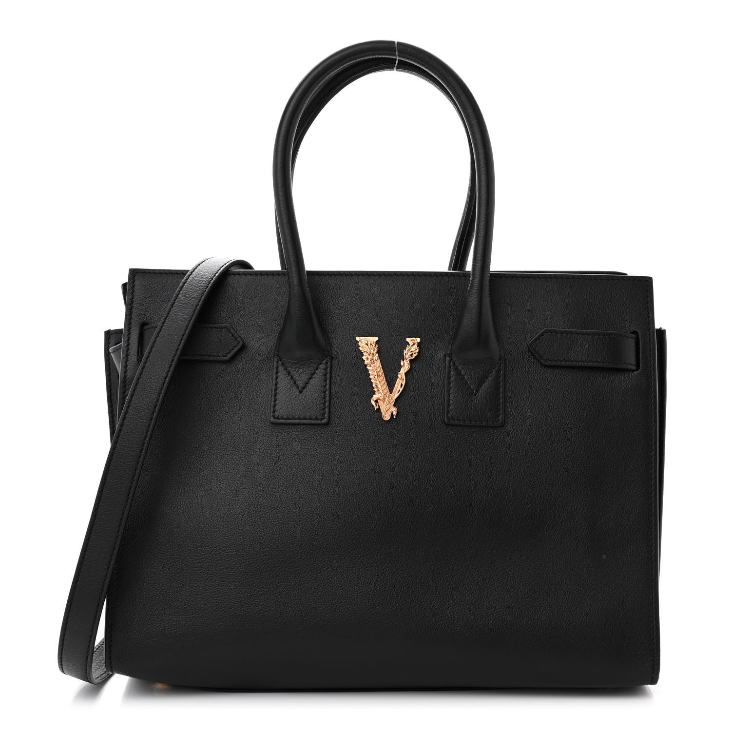 Versace Grained Calfskin Large Virtus Top Handle Shoulder Bag Black 1 of 12