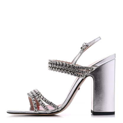 Gucci Nappa Silk Crystal Bertie High Heel Sandals 39.5 Argento 1 of 15