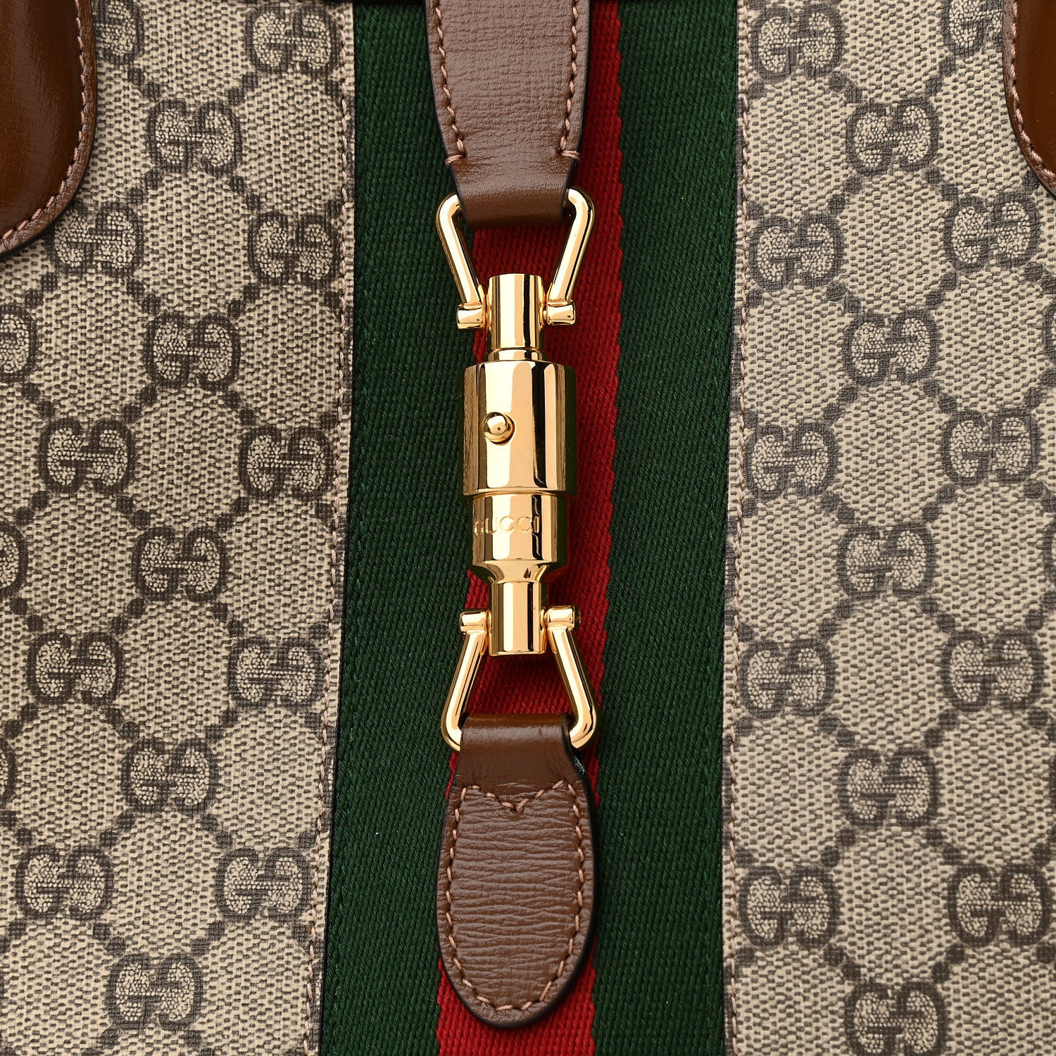 Gucci GG Supreme Monogram Azalea Calfskin Web Large Jackie 1961 Tote Beige Ebony Brown Sugar 10 of 10