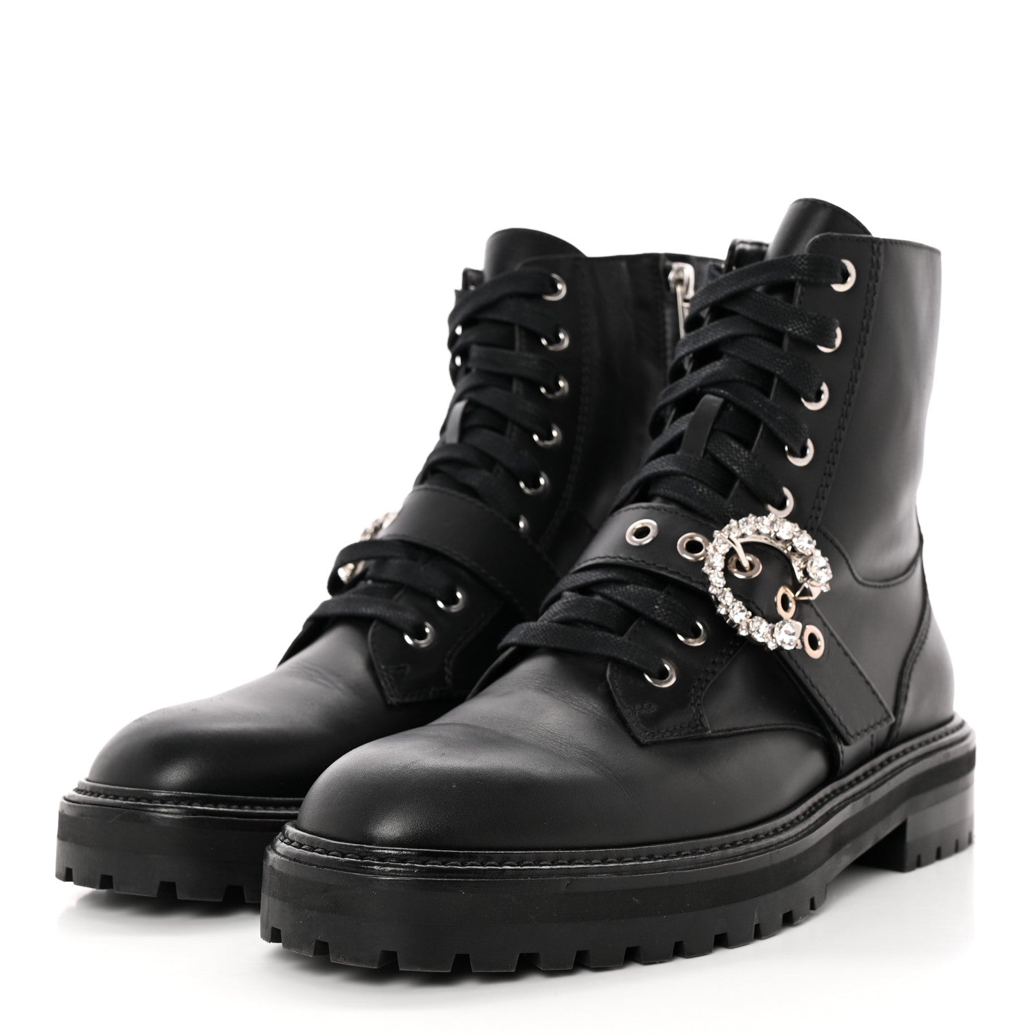 Jimmy Choo Calfskin Crystal Embellished Cora Flat Combat Boots 41 Black 3 of 12
