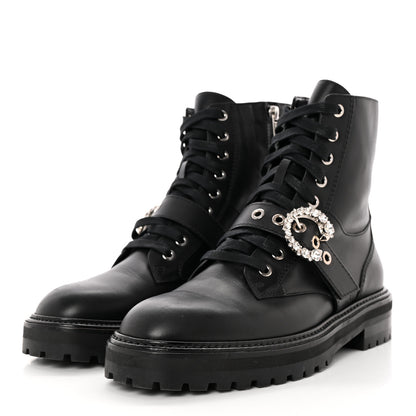 Jimmy Choo Calfskin Crystal Embellished Cora Flat Combat Boots 41 Black 3 of 12