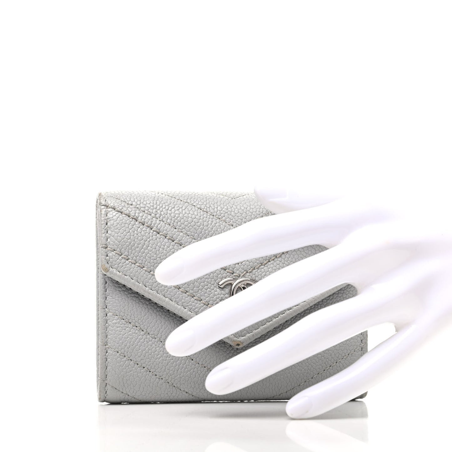 Caviar Chevron Quilted Card Holder Flap Wallet Grey