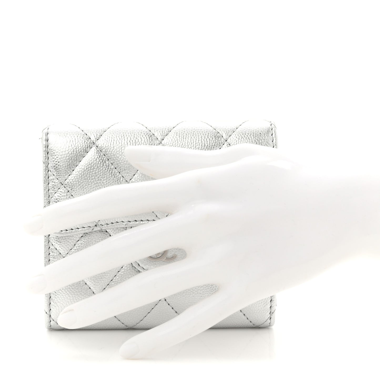 Metallic Caviar Quilted Compact Flap Wallet Silver
