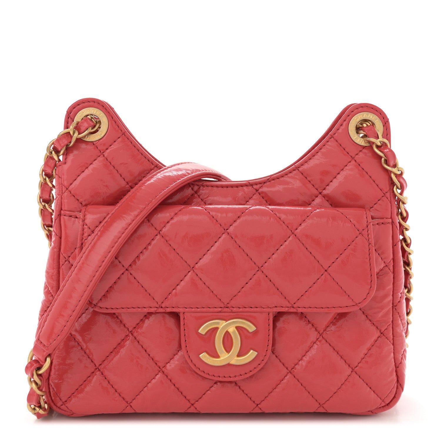 Chanel Shiny Crumpled Calfskin Quilted Small Wavy CC Hobo Red 1 of 10