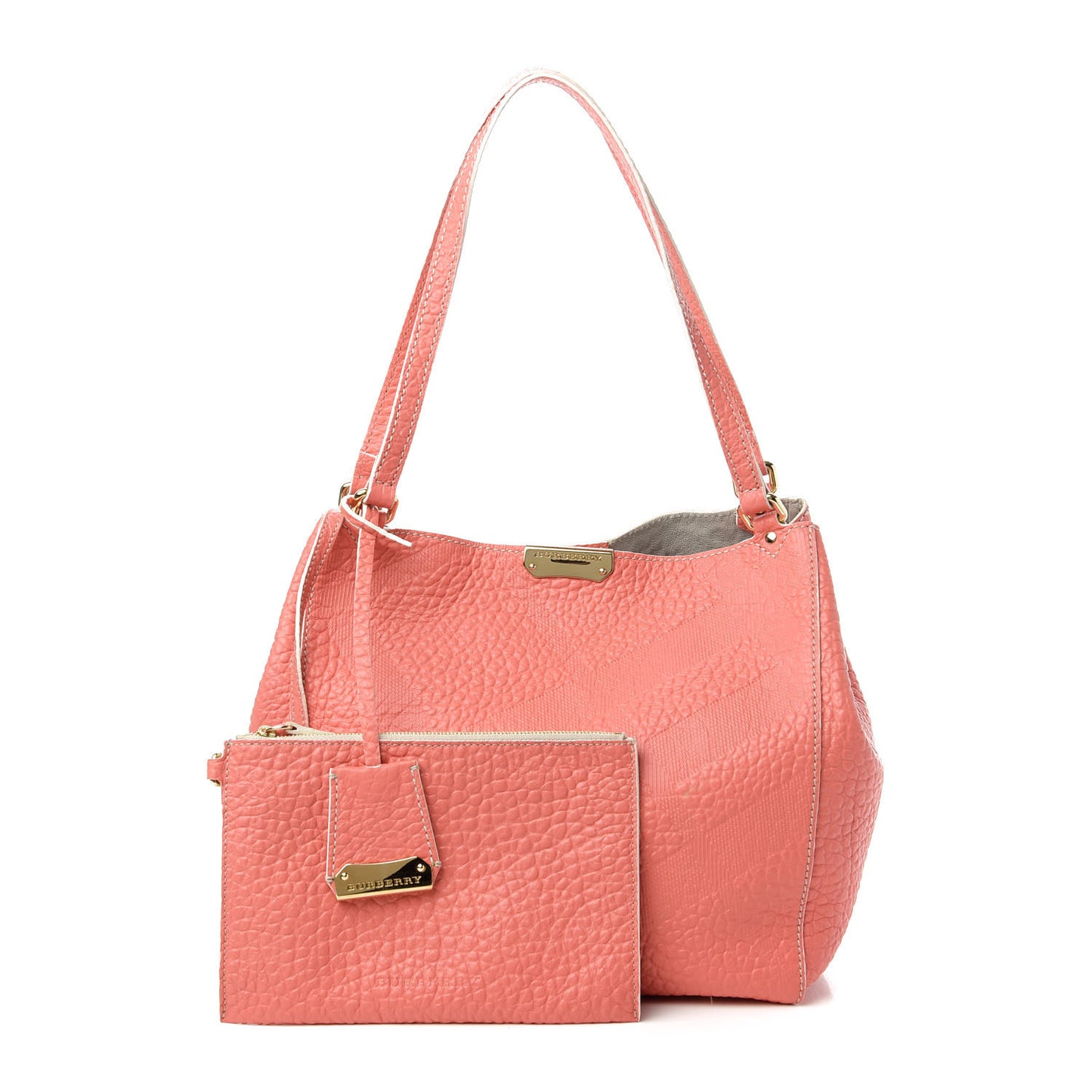 Signature Grain Calfskin Check Embossed Small Canterbury Tote Rose Pink