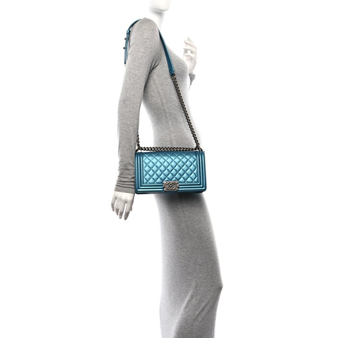 Metallic Caviar Quilted Medium Boy Flap Turquoise