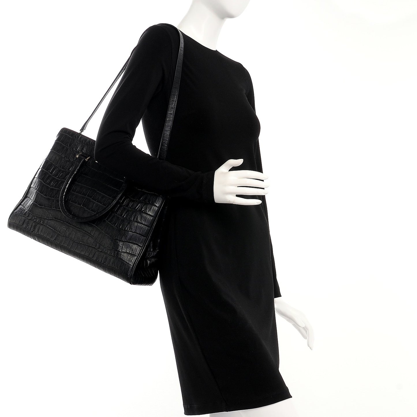 Calfskin Crocodile Embossed Medium Trois Class Tote Black