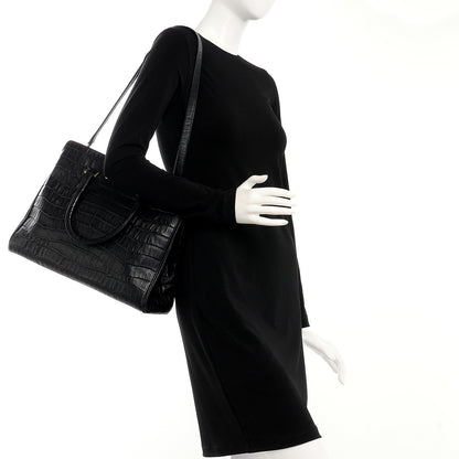 Saint Laurent Calfskin Crocodile Embossed Medium Trois Class Tote Black 2 of 13