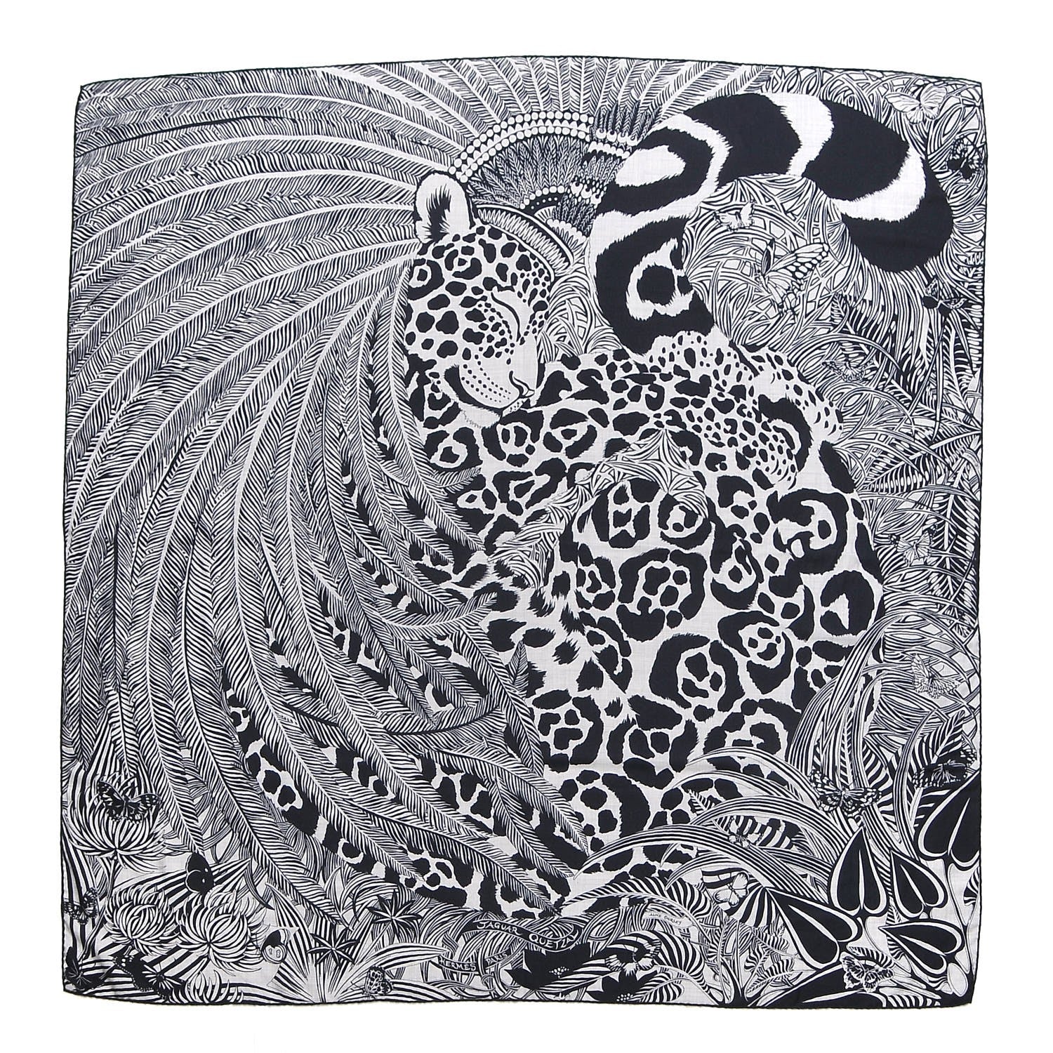 Hermes Cashmere Silk Jaguar Quetzal Shawl 140 Gris Chine Bleu Noir Gris 1 of 3