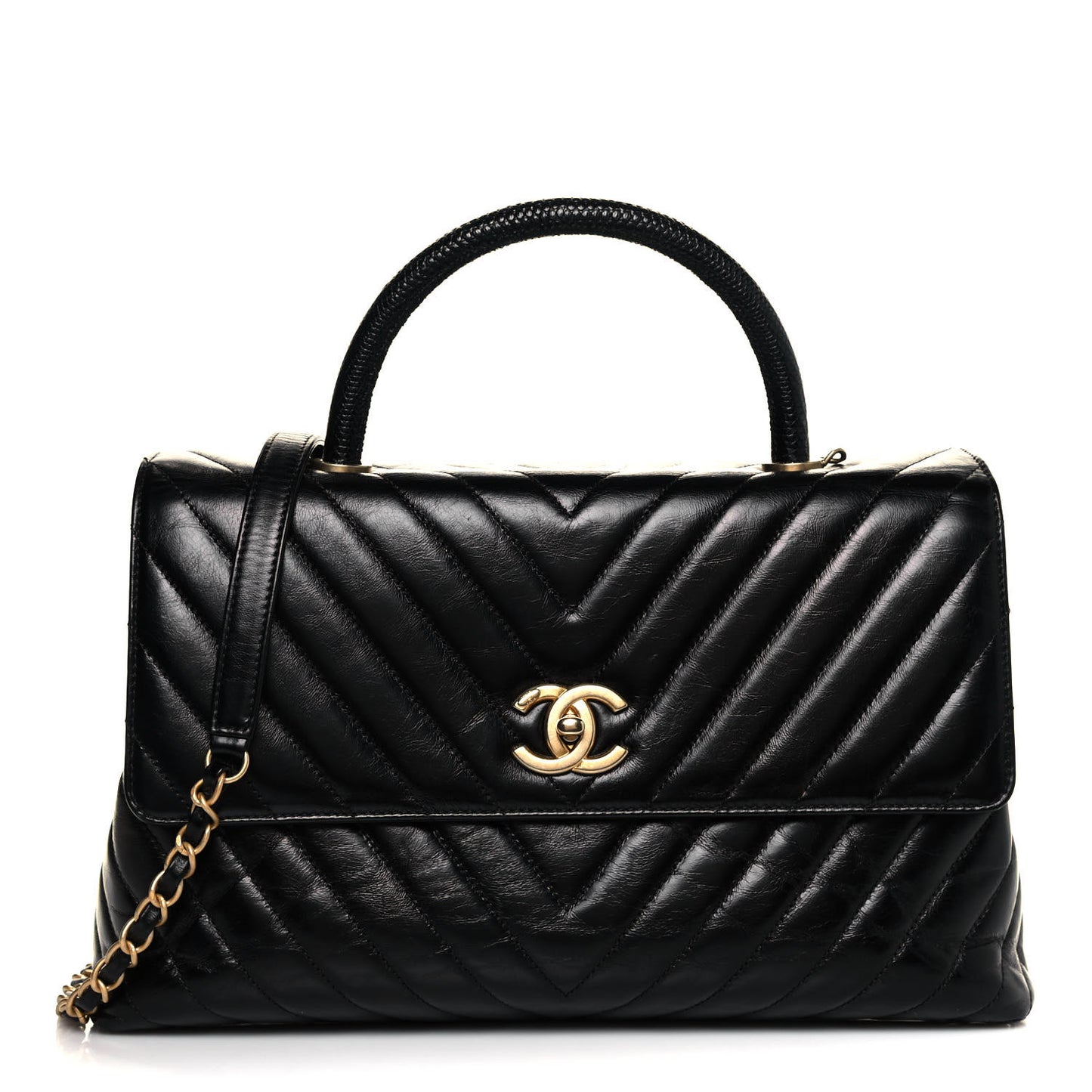 Calfskin Lizard Chevron Quilted Medium Coco Handle Flap Black