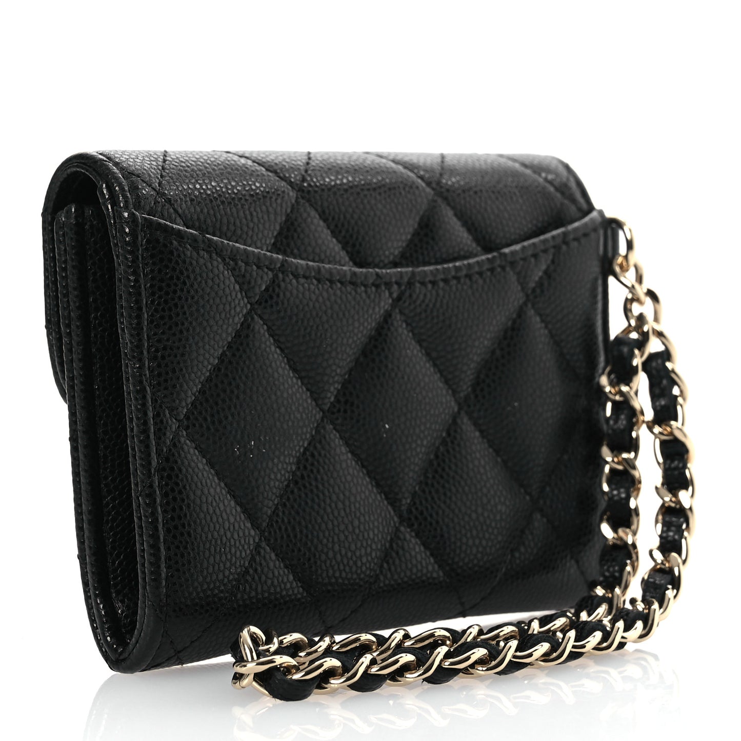 Caviar Quilted Flap Card Holder Chain Wristlet Black