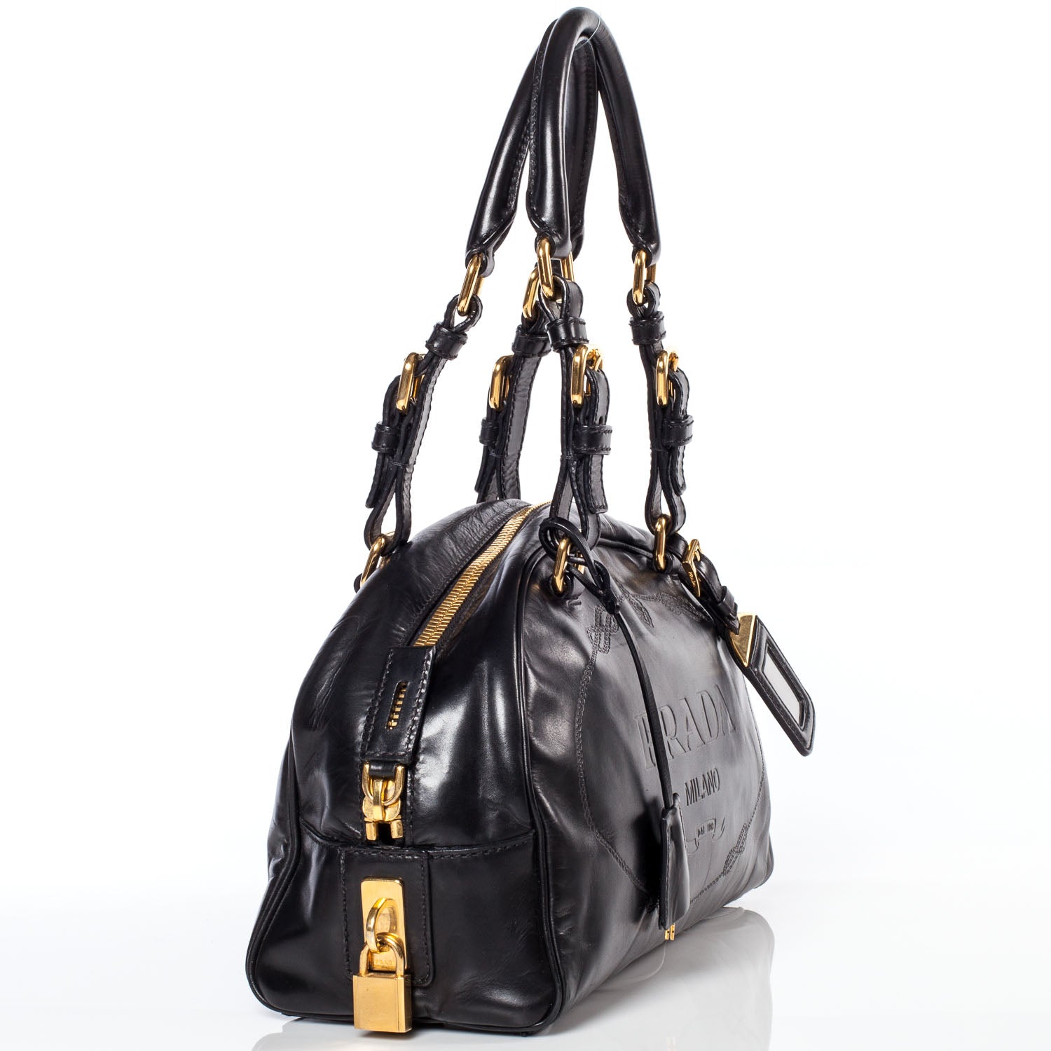 Prada Leather Logo Bowling Bag Black 4 of 10