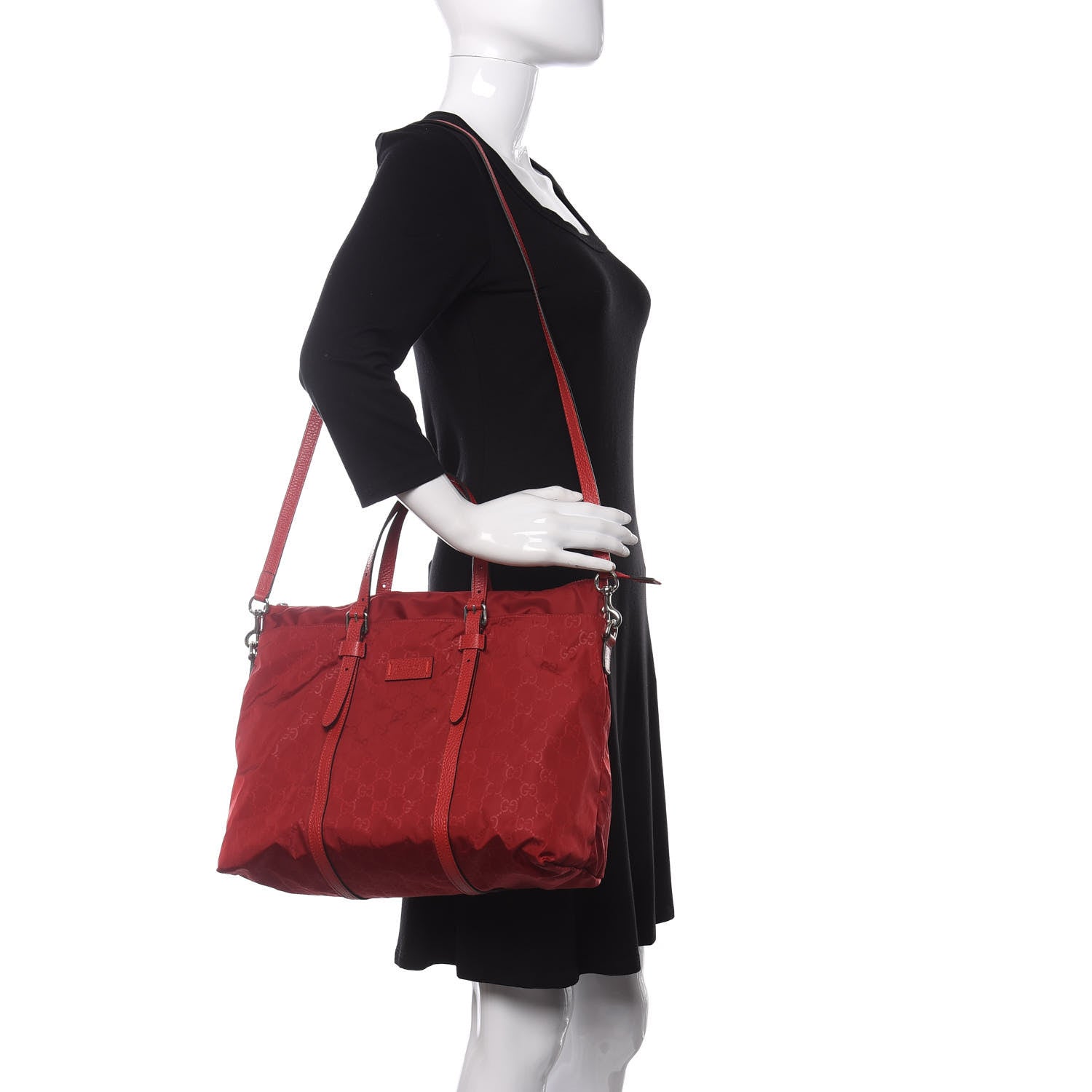 Gucci Nylon Monogram Dollar Calfskin Tote Vibrant Red 2 of 9