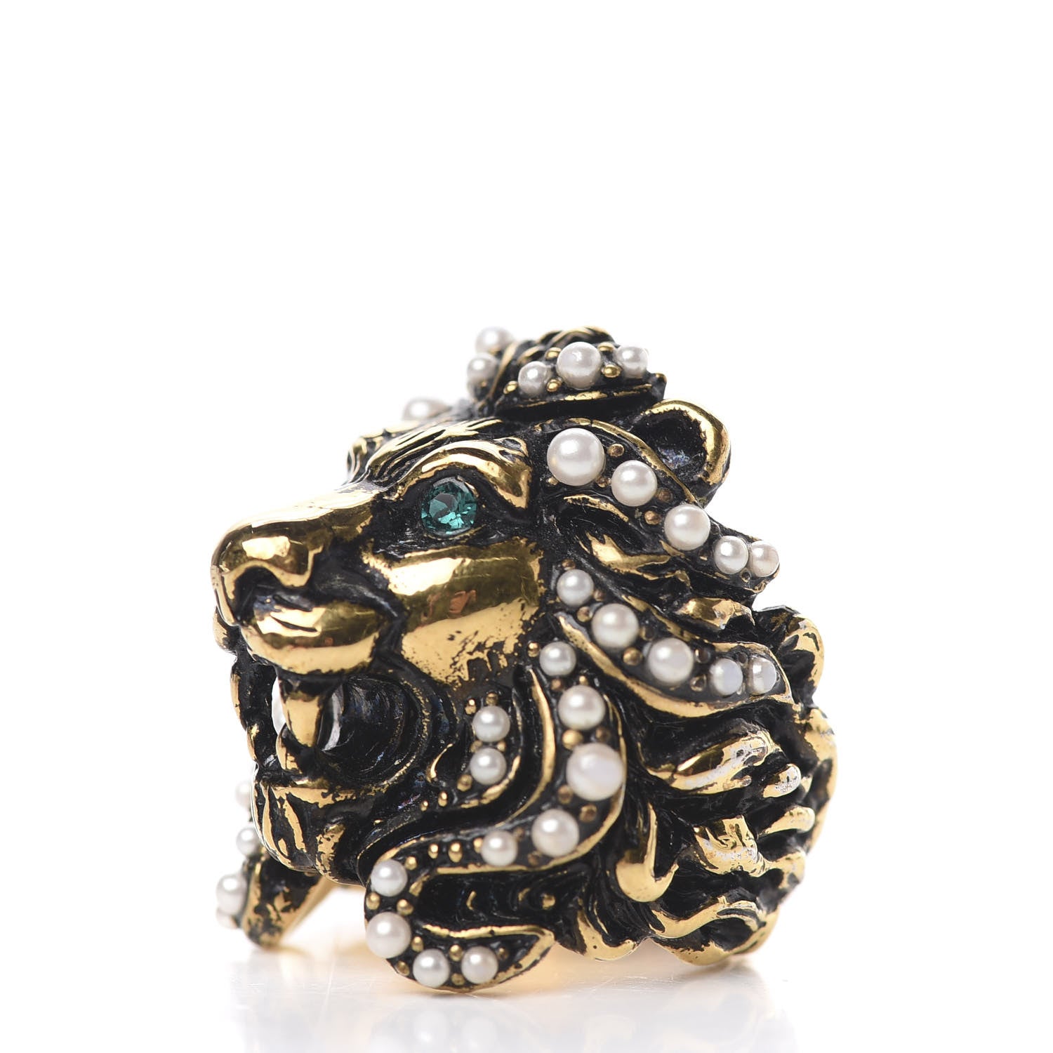Gucci Metal Pearl Crystal Lion Head Ring 5.5 Aged Gold 2 of 5