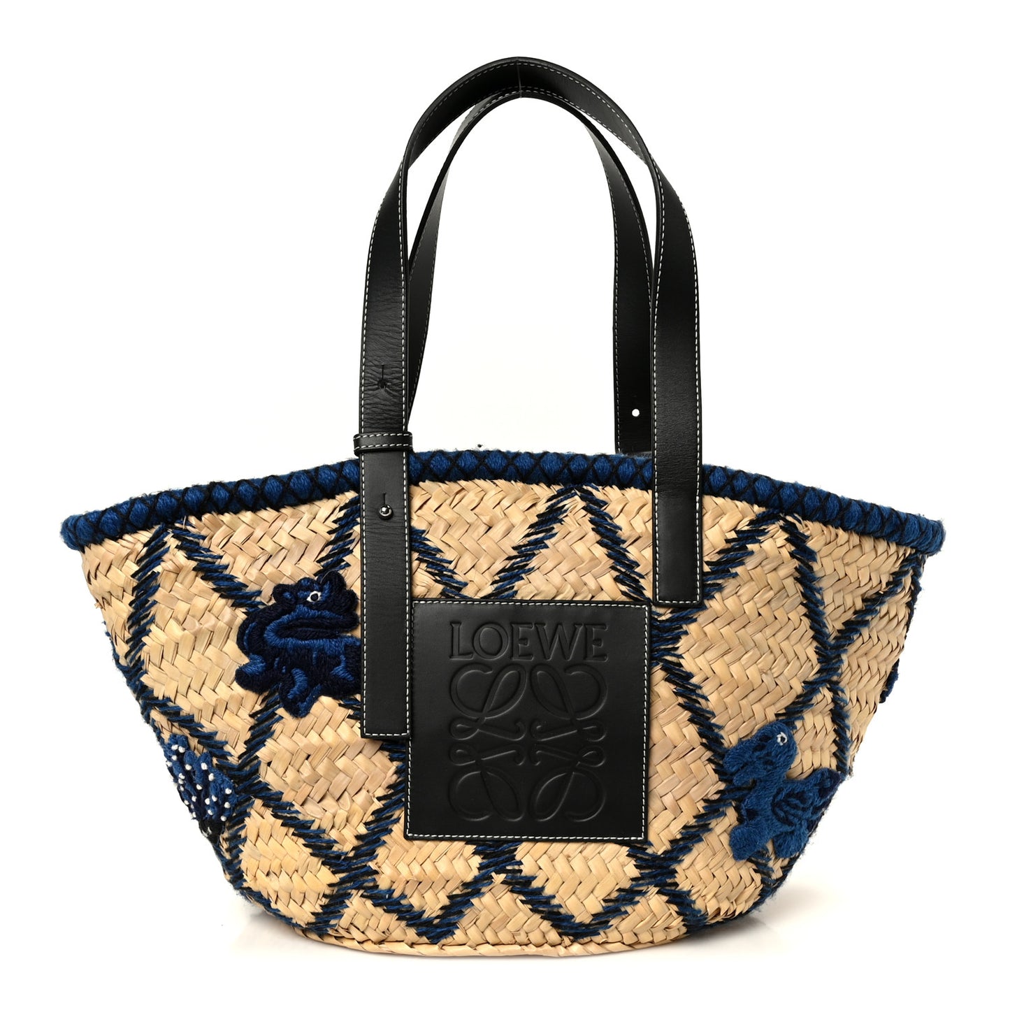 Embroidered Raffia Basket Tote Bag Natural Black Blue