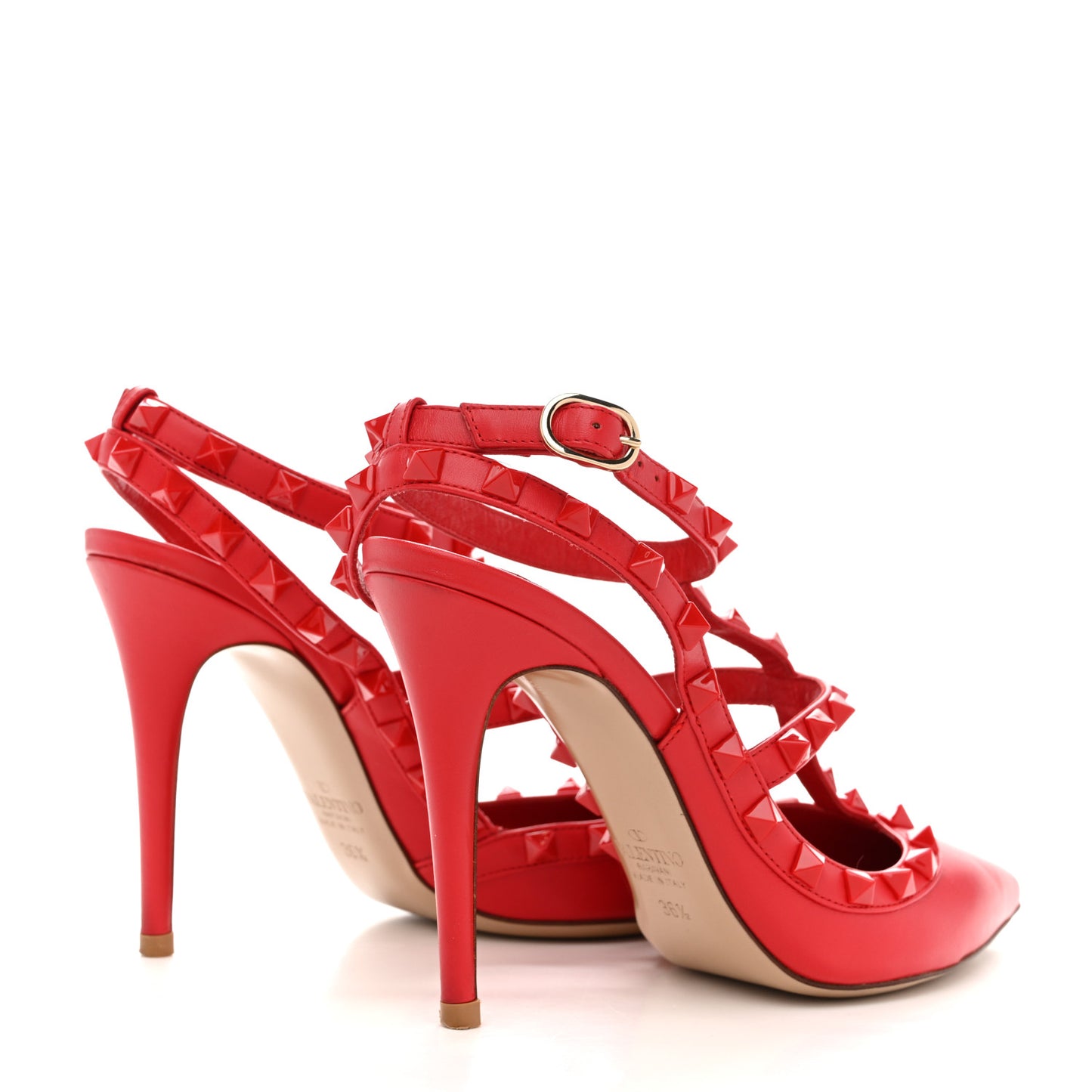 Calfskin Lacquered Monochrome Rockstud Ankle Strap 100mm Pumps 36.5 Rosso Valentino