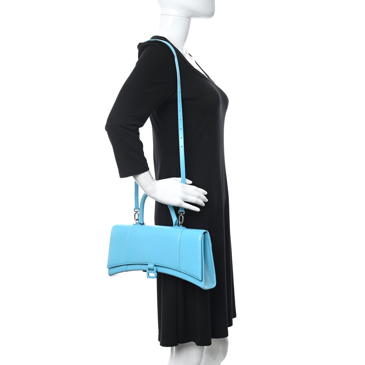 Shiny Box Calfskin Tonal B Hourglass Stretch Top Handle Bag Azur
