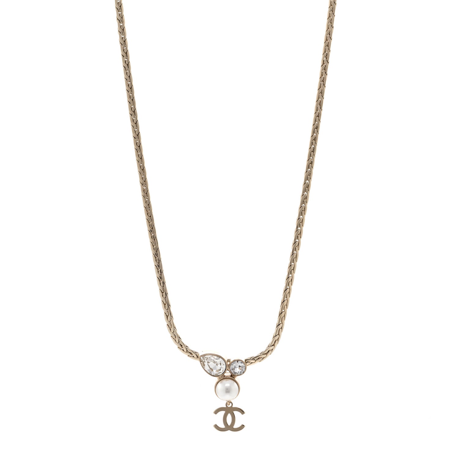 Chanel Pearl Crystal CC Teardrop Braided Necklace Gold 1 of 6