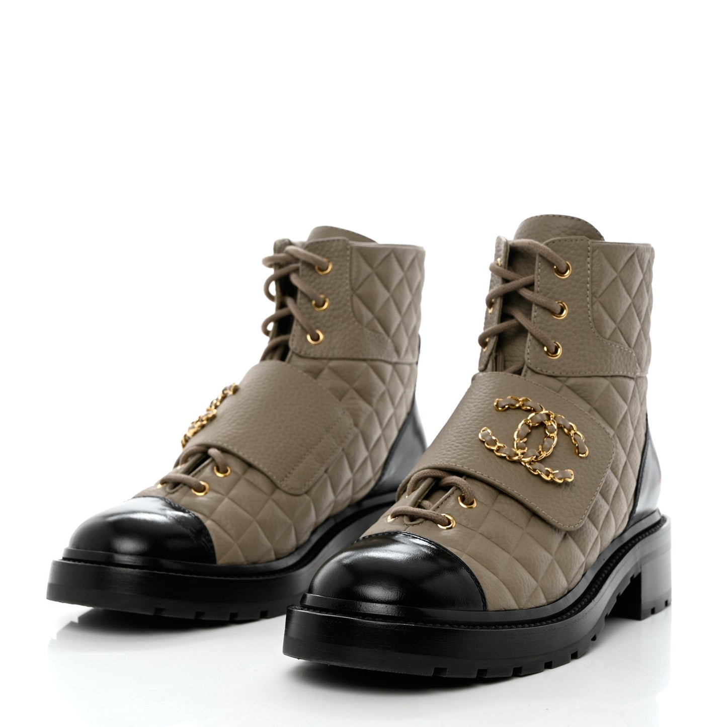 Calfskin Shiny Calfskin Quilted Lace Up Combat Boots 40.5 Dark Beige Black