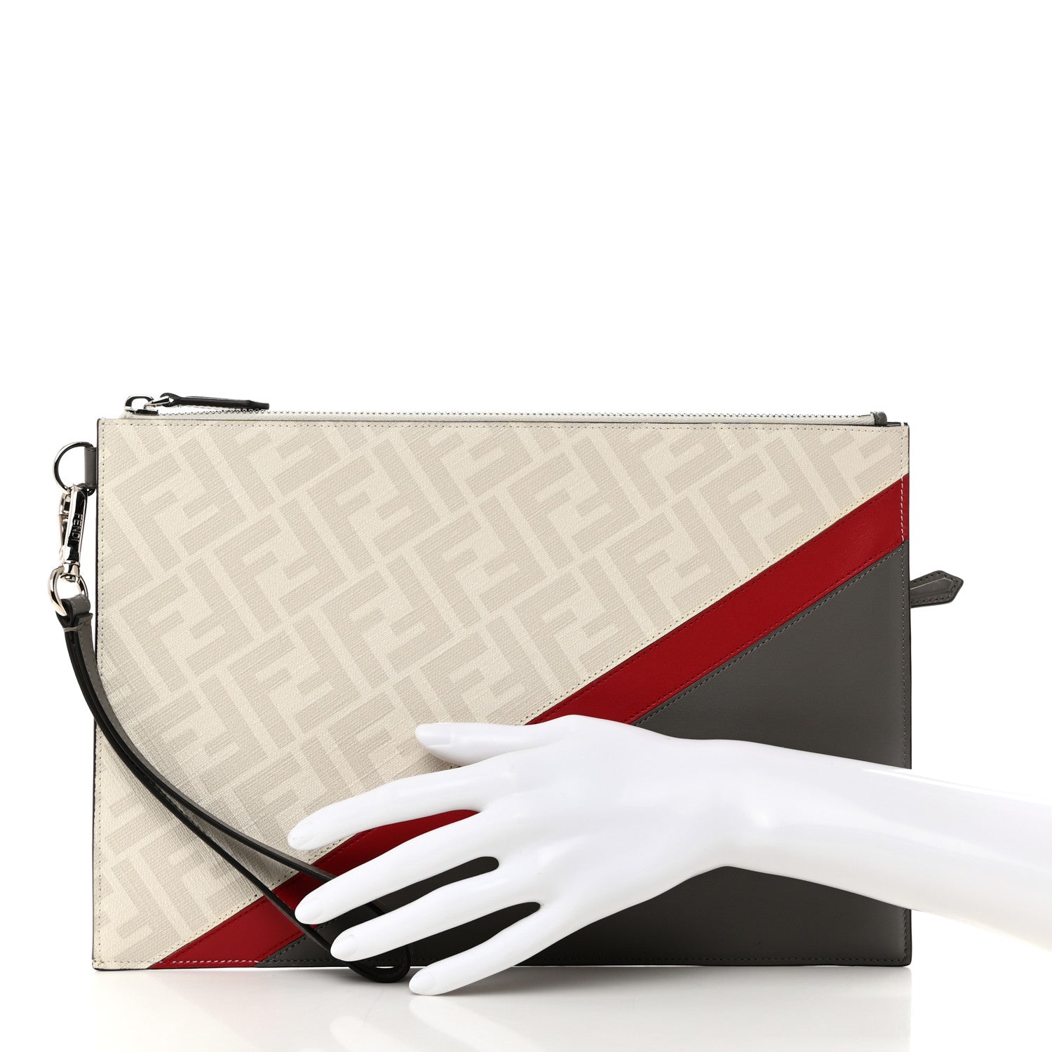 Fendi Glazed Fabric Vitello Liberty FF 1974 Diagonal Flat Clutch Perla Argilla Fragola 2 of 7