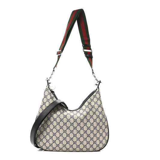 GG Supreme Monogram Textured Calfskin Web Large Attache Shoulder Bag Beige Blue