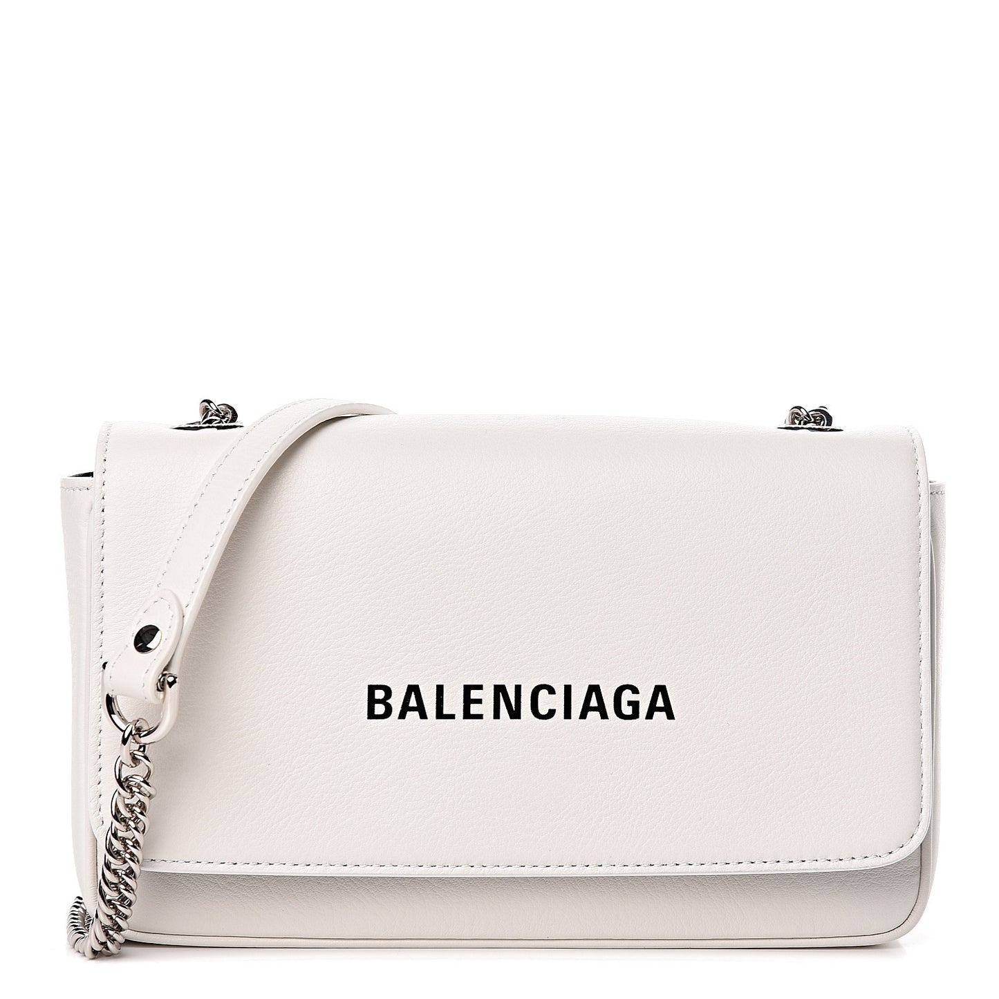 Pebbled Calfskin Logo Everyday Flap Chain Wallet White