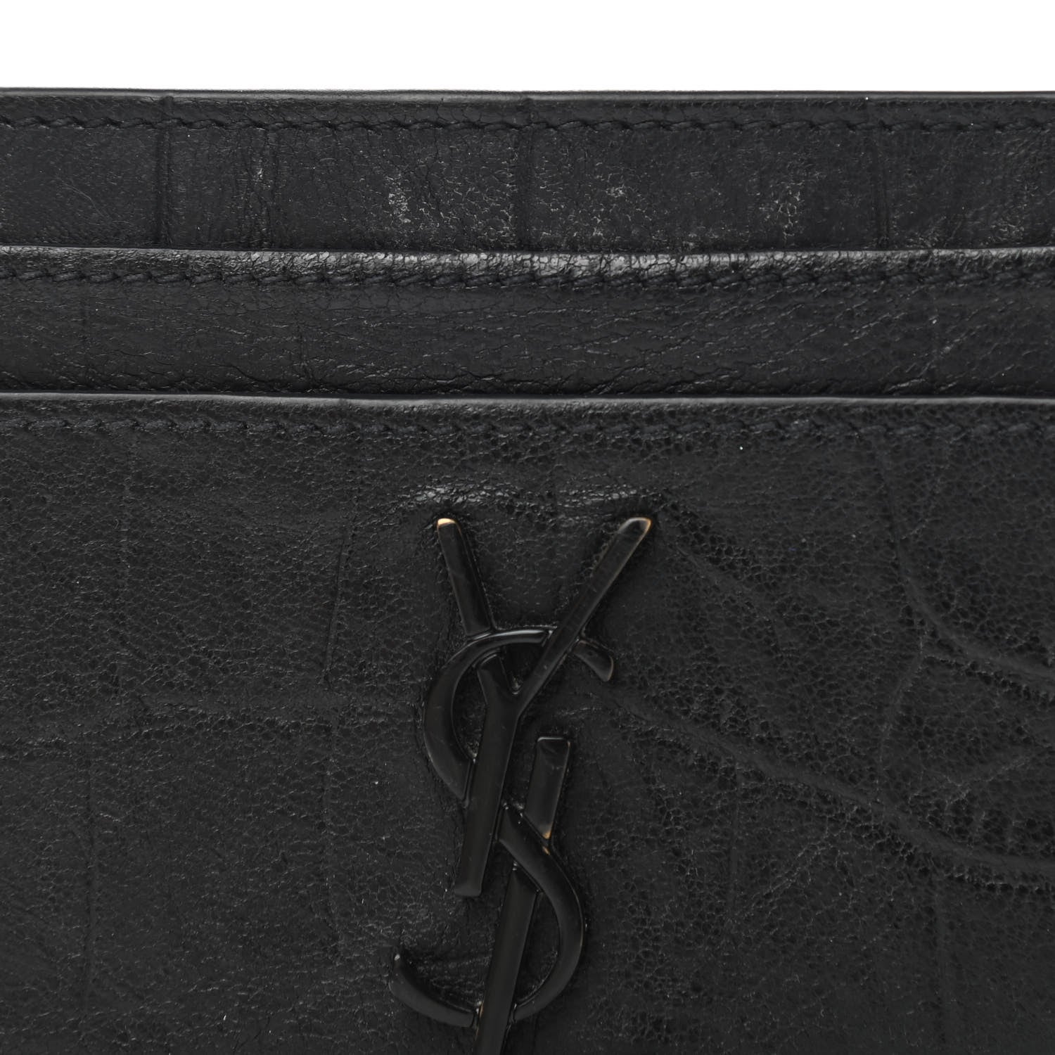 Saint Laurent Calfskin Crocodile Embossed Monogram Credit Card Case Black 7 of 9