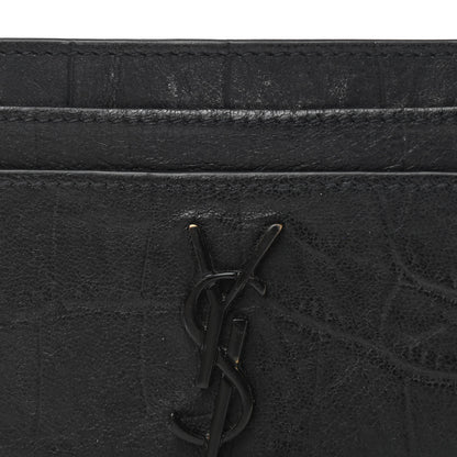 Saint Laurent Calfskin Crocodile Embossed Monogram Credit Card Case Black 7 of 9