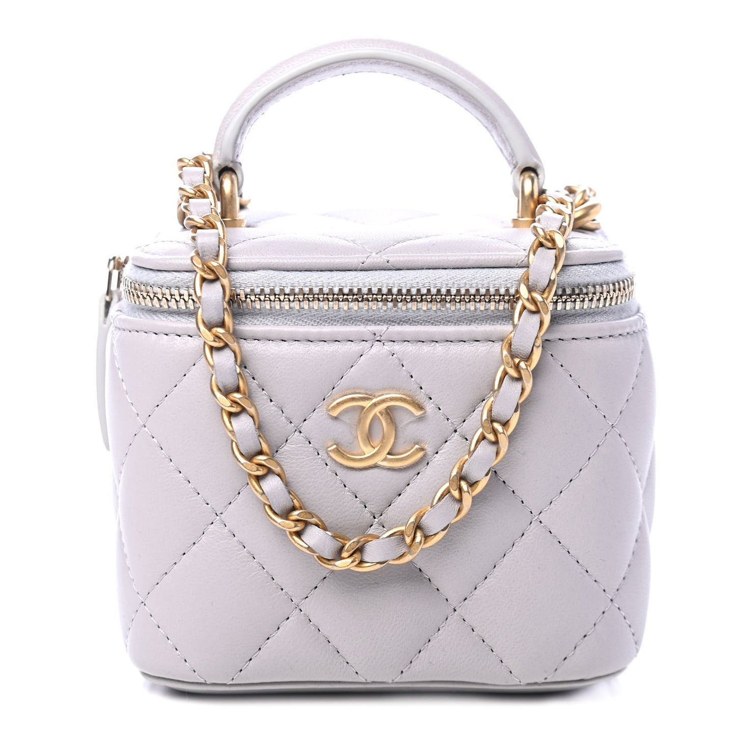 Lambskin Quilted Top Handle Mini Vanity Case With Chain Grey