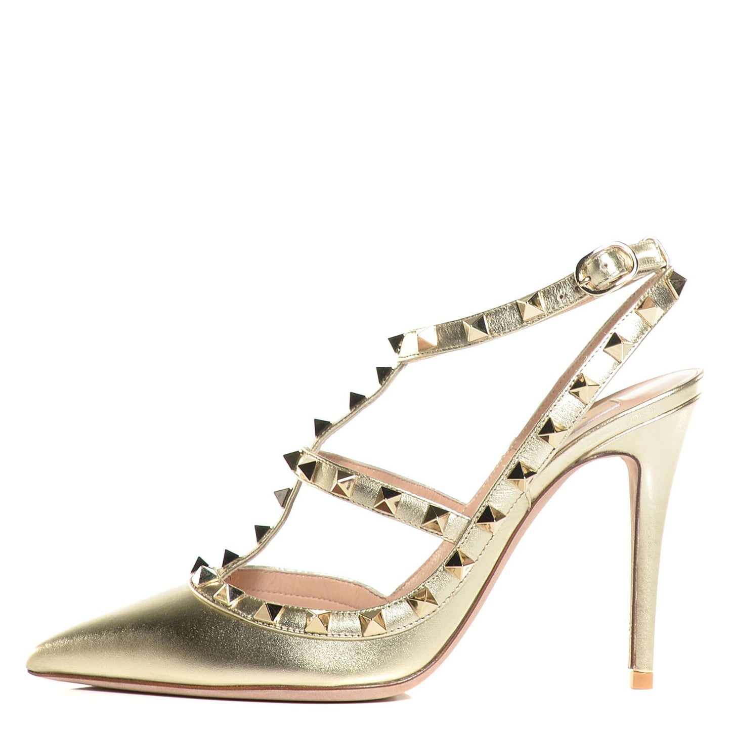 Metallic Calfskin Rockstud Ankle Strap 100mm Pumps 37.5 Platino