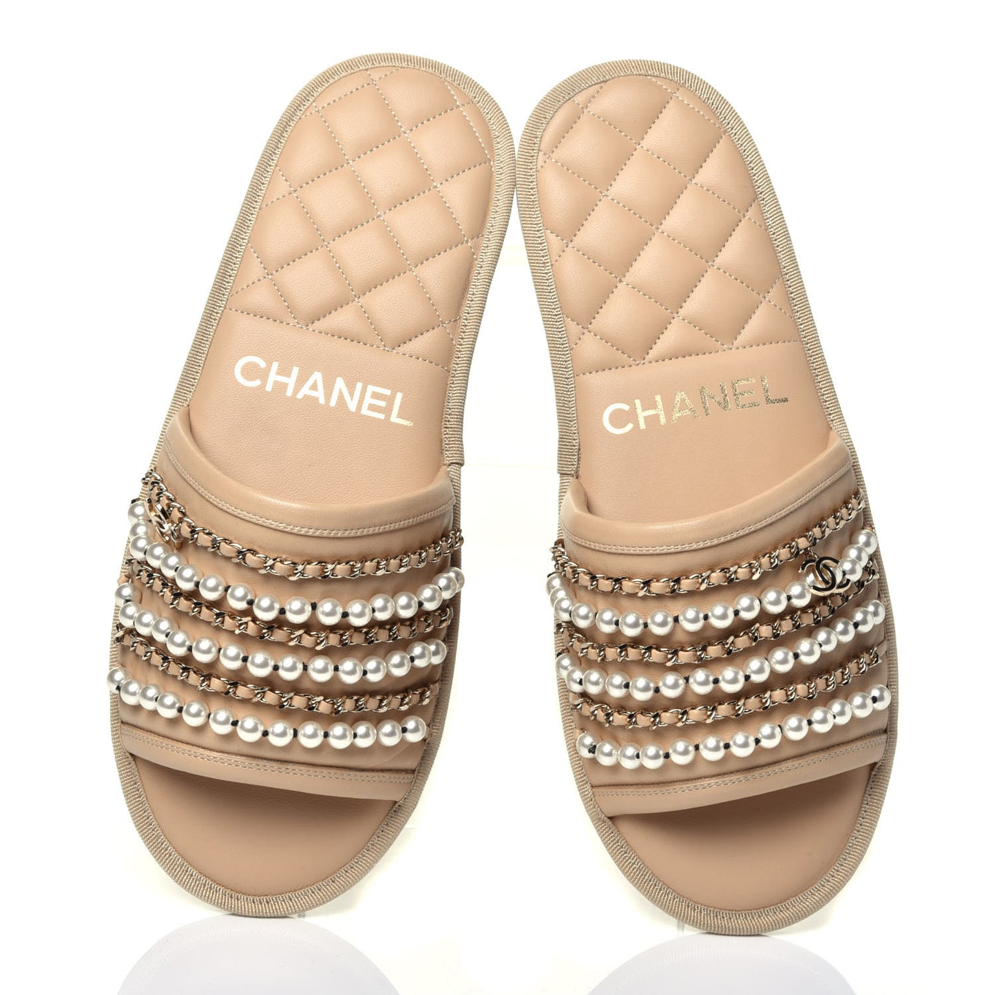 Lambskin Pearl Chain Flat Slipper Sandals M Beige