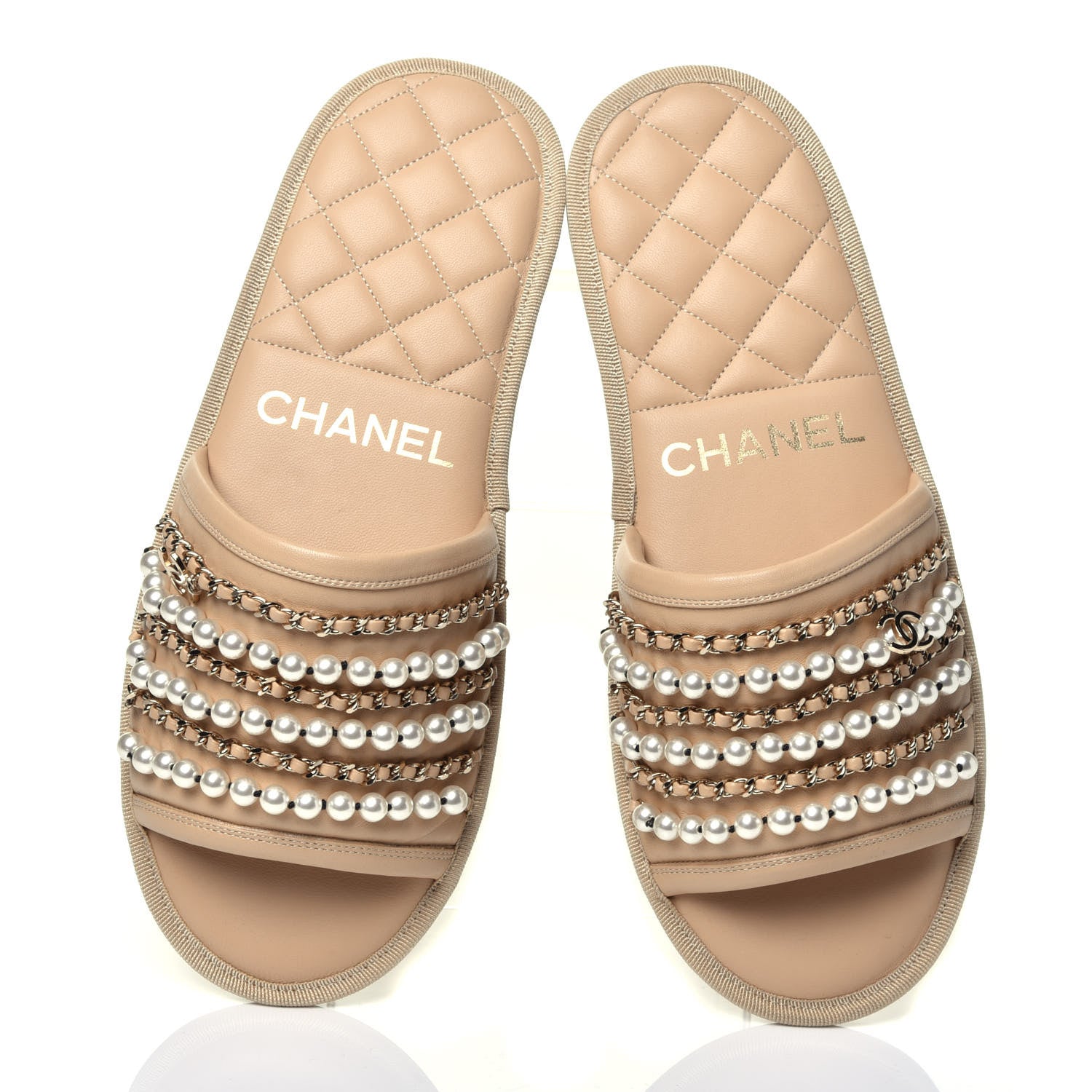 Chanel Lambskin Pearl Chain Flat Slipper Sandals M Beige 5 of 9