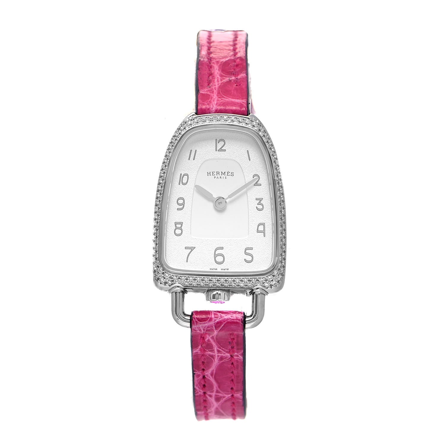 Hermes Stainless Steel Alligator Diamond Bezel 20mm Galop D'Hermes Quartz Watch Framboise 1 of 5