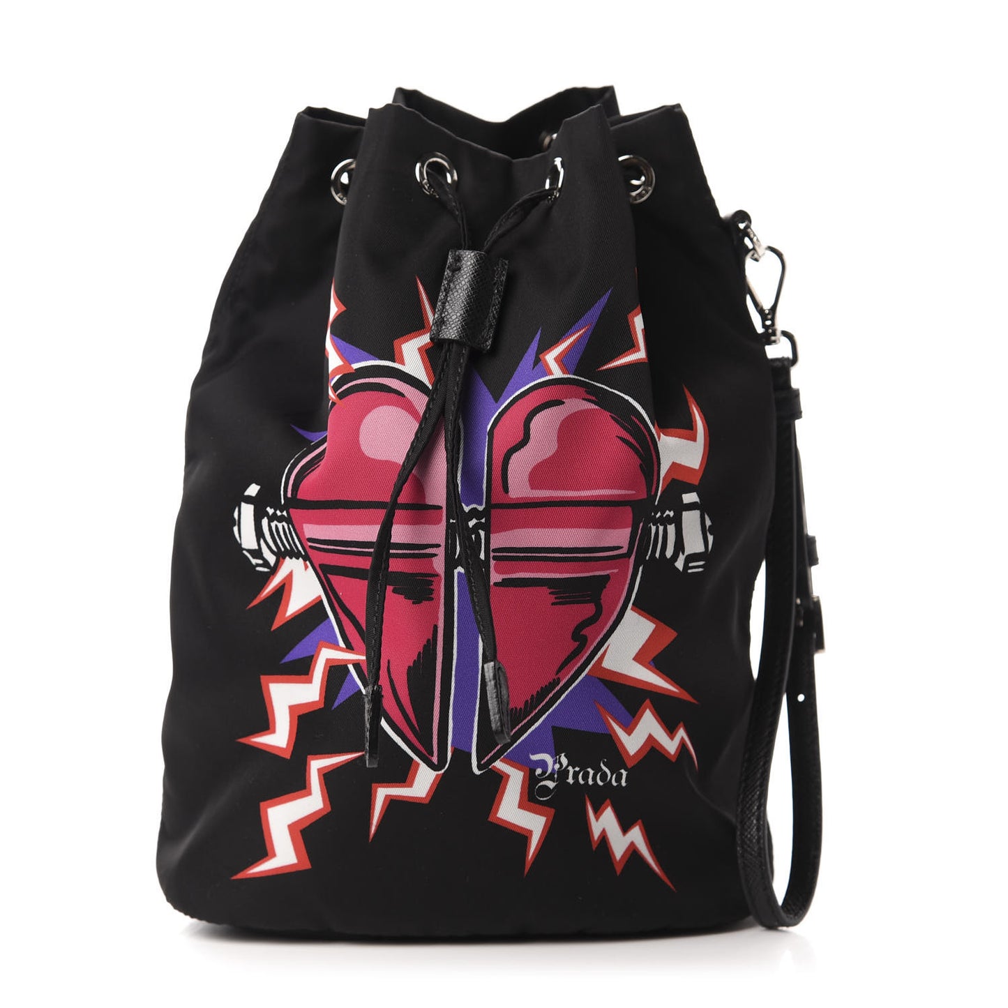 X UNIVERSAL STUDIOS Tessuto Nylon Saffiano Frankenstein Heart Drawstring Wristlet Bucket Bag Fuxia