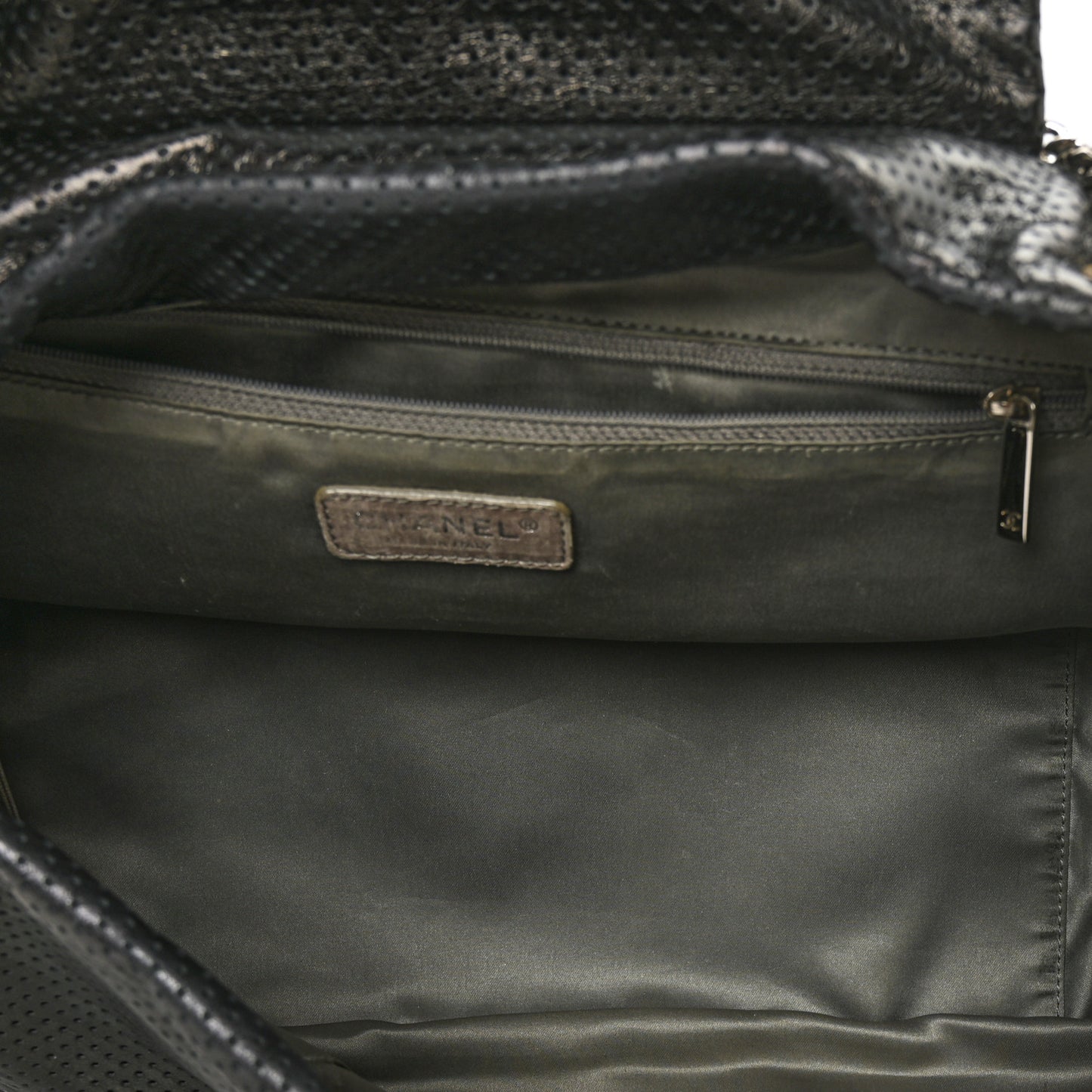 Metallic Calfskin Perforated Large Drill Accordion Flap Black