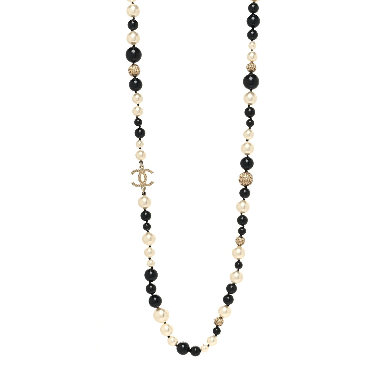 Metal Pearl Beaded Textured CC Long Necklace Gold Black Gold Black White