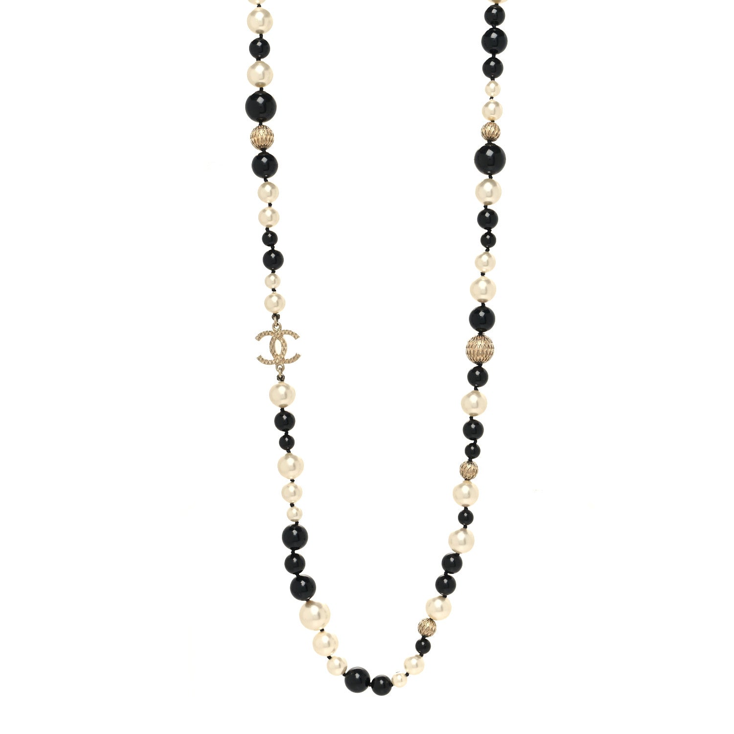Chanel Metal Pearl Beaded Textured CC Long Necklace Gold Black Gold Black White 1 of 5