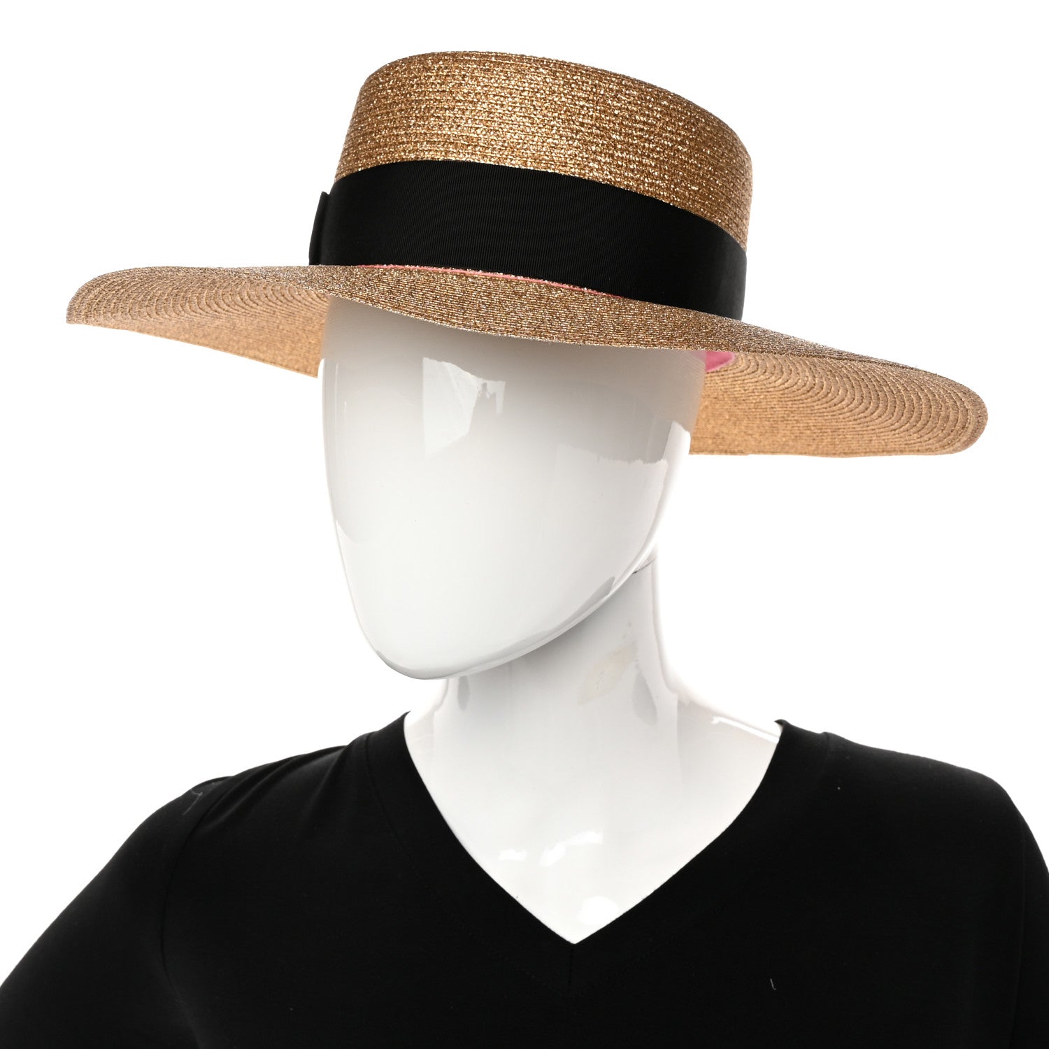 Gucci Glittered Straw Grosgrain Wide Brim Hat S Gold Black 2 of 10