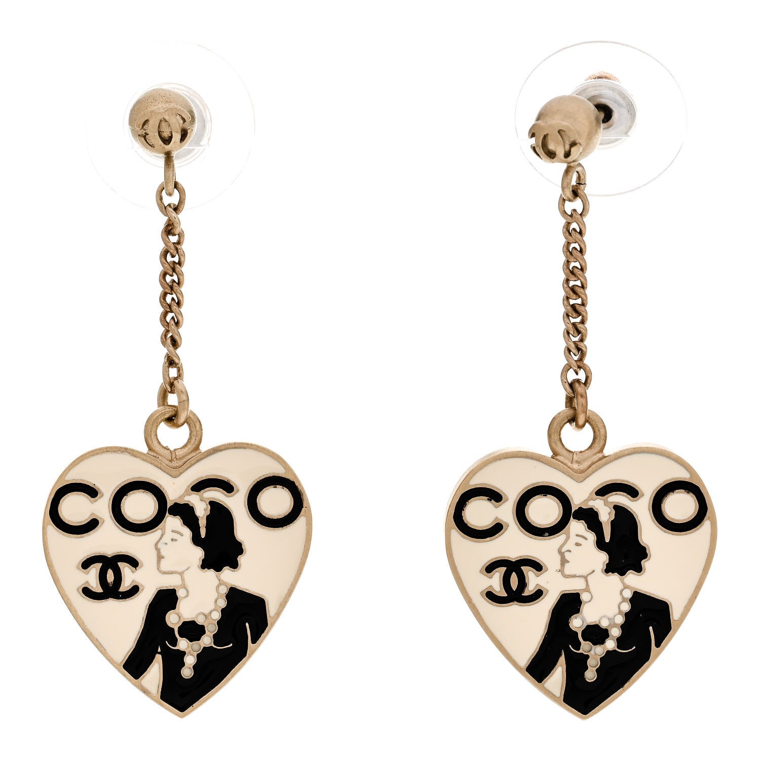 Chanel Enamel Coco Mademoiselle Heart Dangle Earrings Black Gold 1 of 4