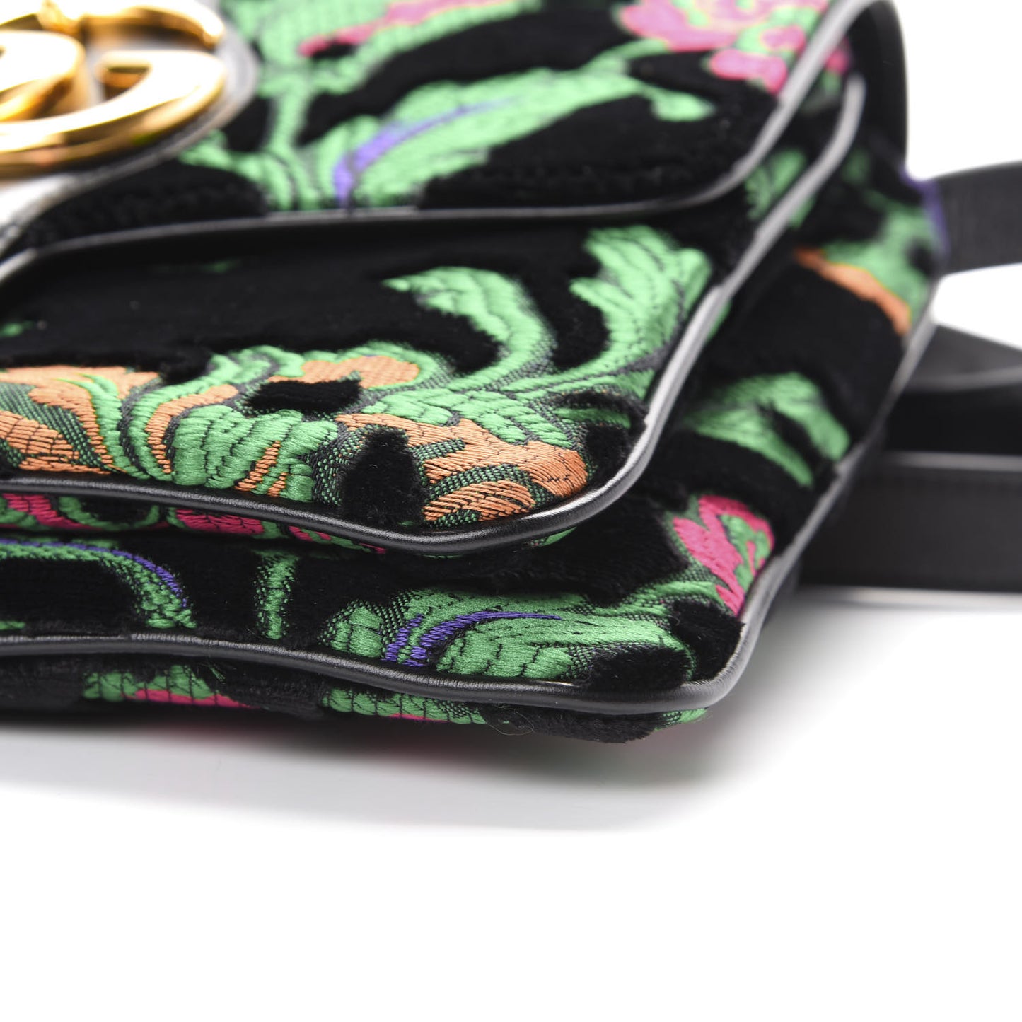 Velvet Jacquard Floral Embroidered Medium Arli Flap Shoulder Bag Black Green Multicolor