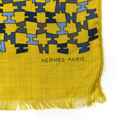Hermes Cashmere Silk Imprimeur Fou Camails H Muffler Jaune Citron Mediterranee Indigo 4 of 6