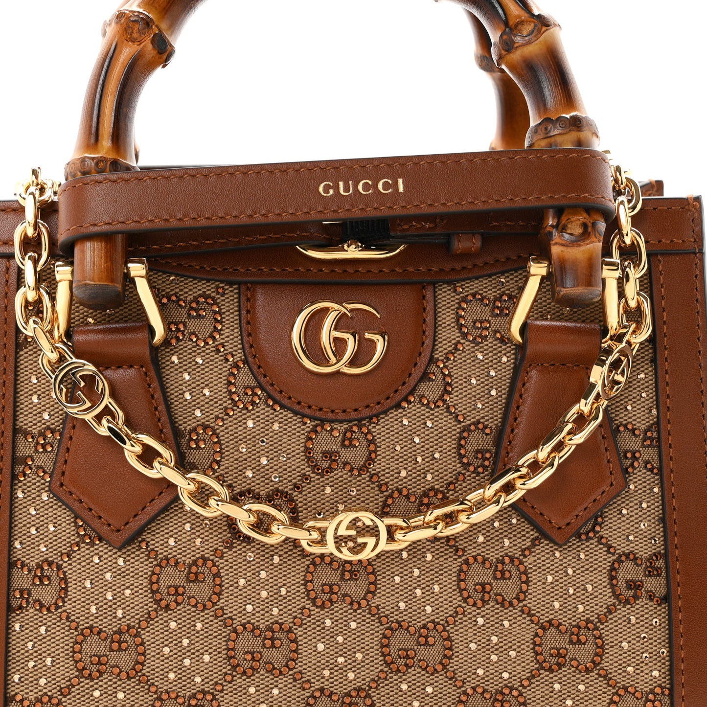 New Canvas Charisma Calfskin Crystal GG Monogram Mini Diana Tote Bag Camel Ebony