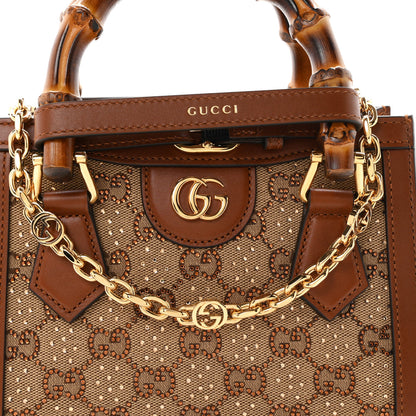 Gucci New Canvas Charisma Calfskin Crystal GG Monogram Mini Diana Tote Bag Camel Ebony 8 of 11