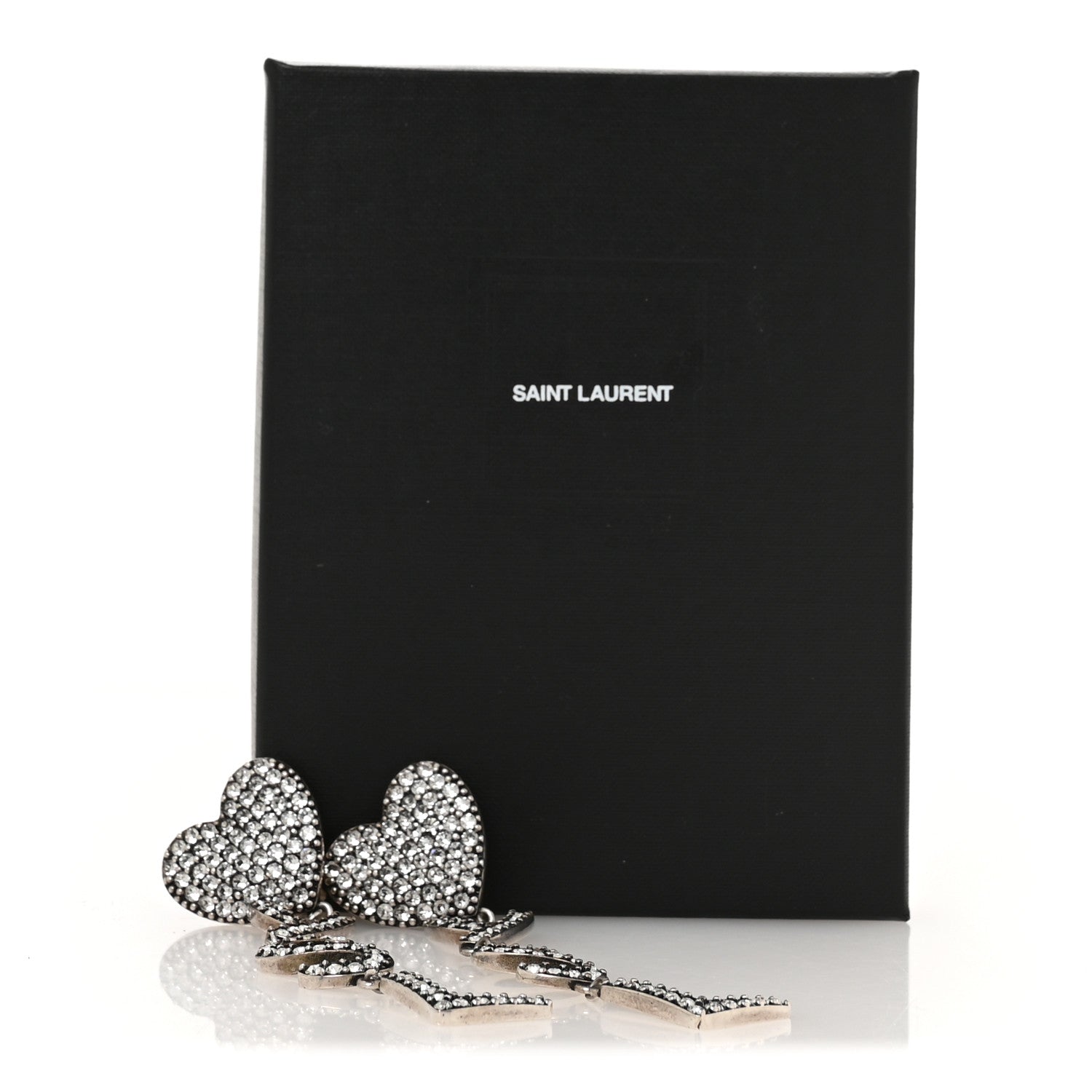 Saint Laurent Brass Crystal Monogram Heart Drop Clip Earrings Silver Silver 5 of 5